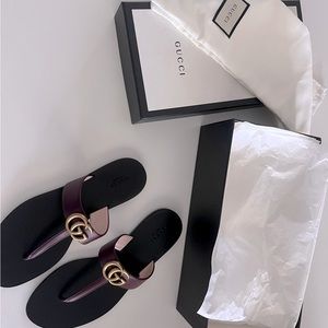 Gucci Marmont Sandals Double G Leather Vintage Bordeaux Italy size 39.5 (9US)